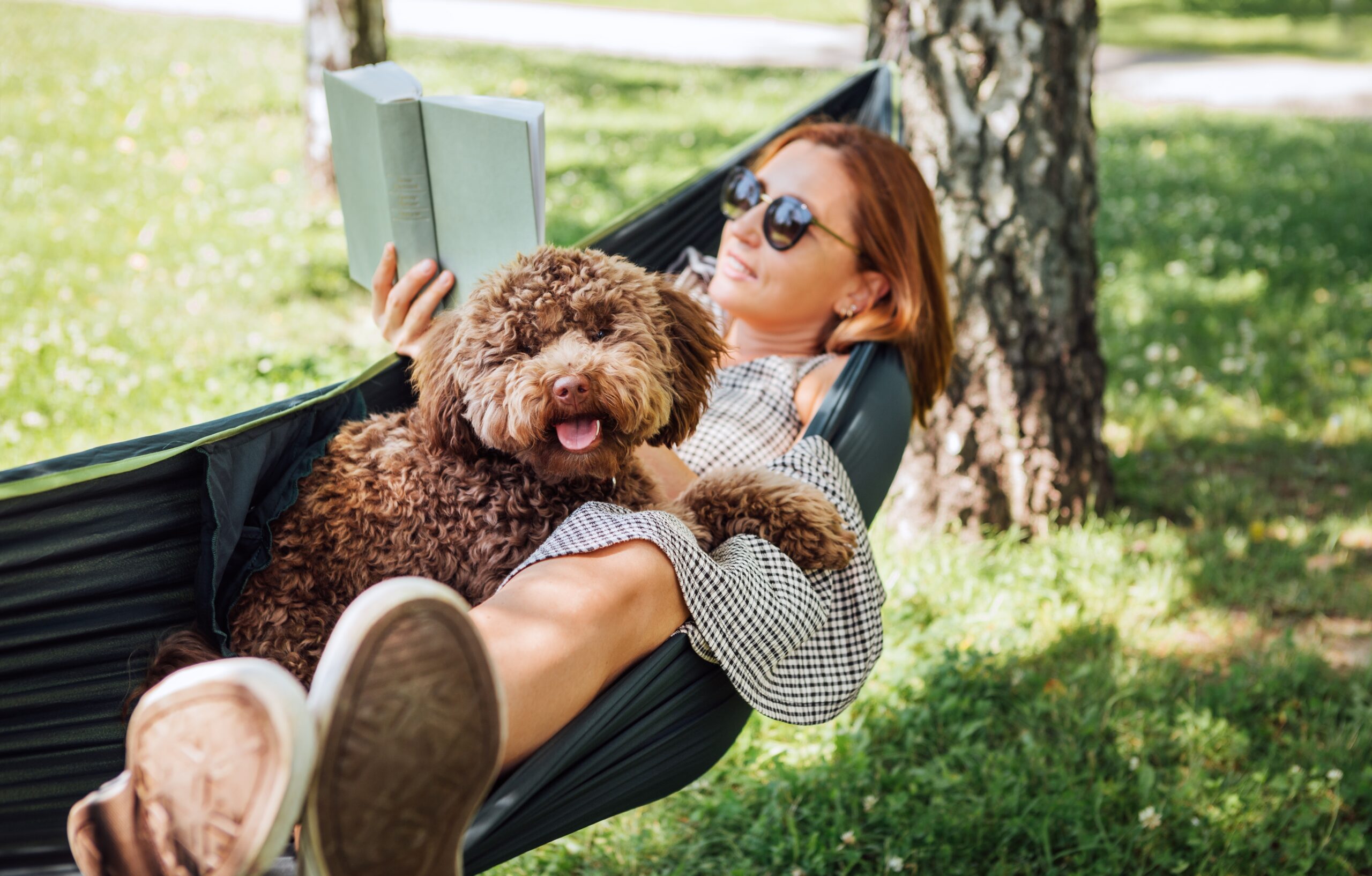 A woman relaxing in a hammock with her dog, reading a book, symbolizing the cognitive and emotional benefits of fiction in enhancing intelligence and empathy.